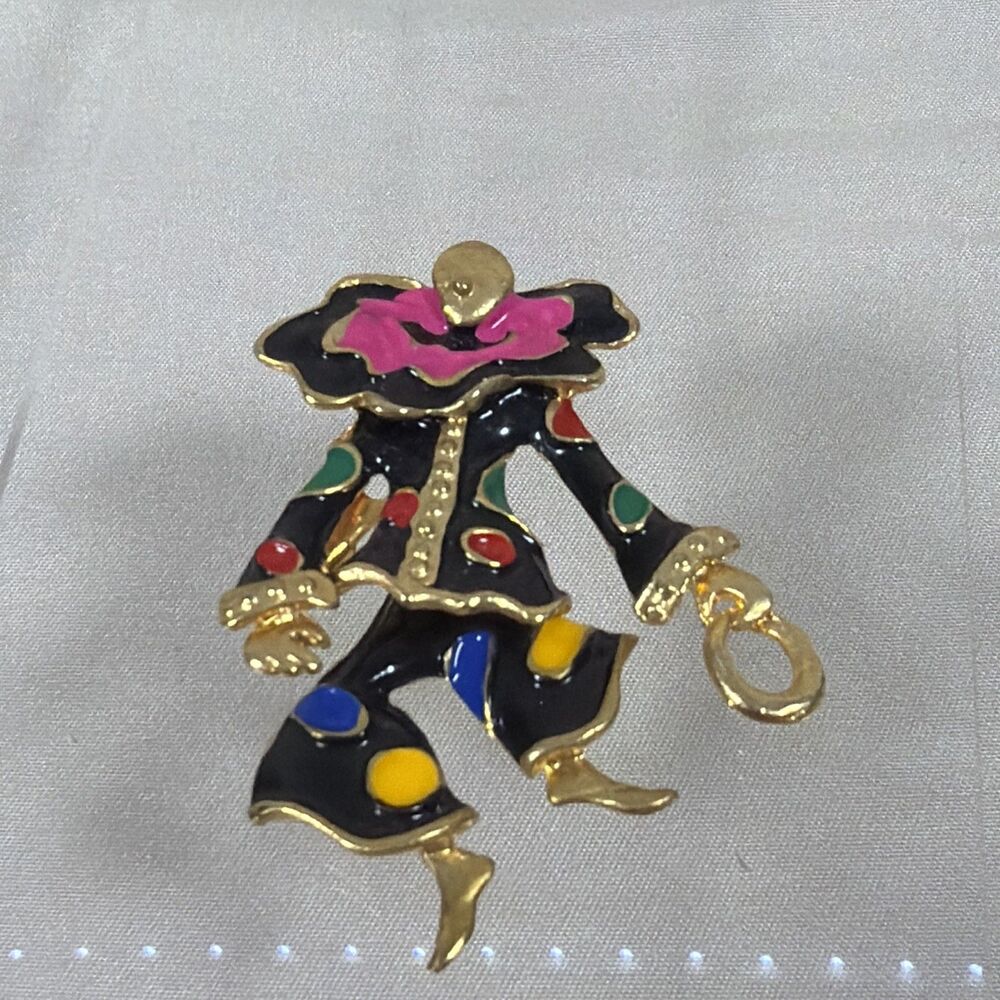 Vintage Articulated Dancing Clown Brooch Pin Enamel Gold Tone Costume Jewelry